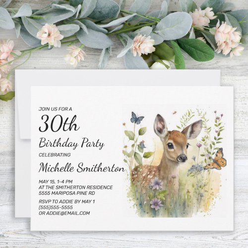 Baby Deer Butterfly Foliage Floral 30th Birthday Invitation