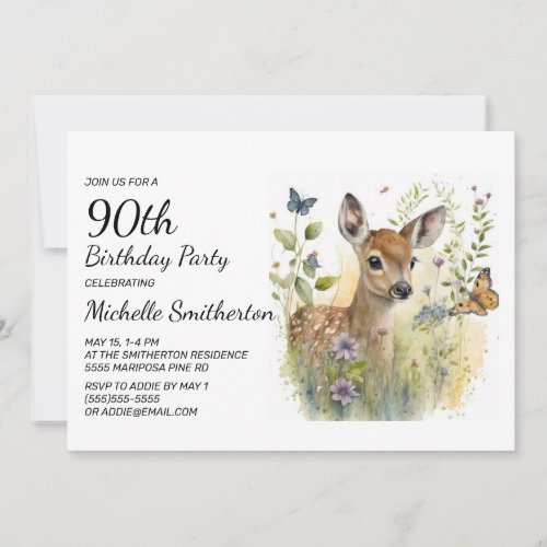 Baby Deer Butterfly Foliage Floral 90th Birthday Invitation