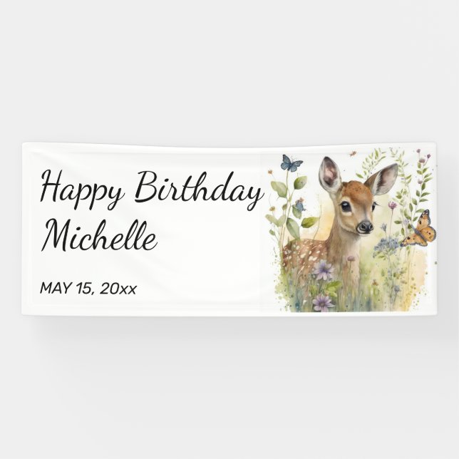 Baby Deer Butterfly Foliage Floral Happy Birthday Banner (Horizontal)