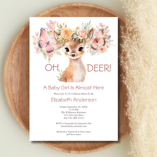 Baby Deer Butterfly Pink Floral Baby Shower Invitation