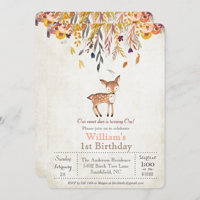 Baby Deer Fall 1st Birthday Invitation (Front/Back)