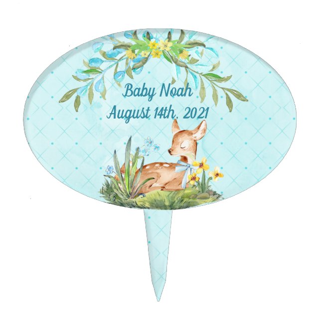 Baby Deer Fawn blue and flowers custom boy shower  Cake Topper (Front)