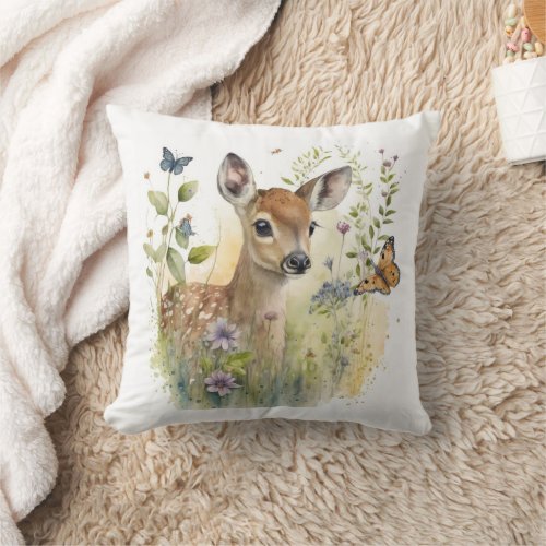 Baby Deer Fawn Butterfly Painting  Throw Pillow