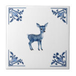 Baby Deer Fawn Delft Blue and White Corners Ceramic Tile<br><div class="desc">Inspired by vintage antique Dutch Delft tiles from the 1700s, this is a modern take on the historic style. // "blue and white delft", "dutch deer fawn ceramic tile", "historic vintage antique forest woods", "baby spotted rustic country", "17th 18th century minimal woodland", "flower floral corner flourish", "navy monochrome historic decorative",...</div>