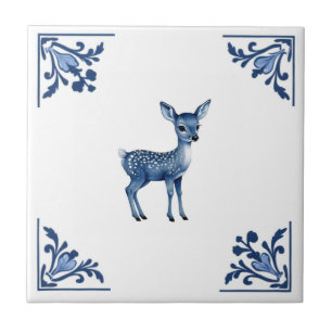 Baby Deer Fawn Delft Blue and White Corners Ceramic Tile