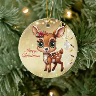 Baby Deer, Fawn, Doe 🦌 🎄Gold Merry Christmas Ceramic Ornament