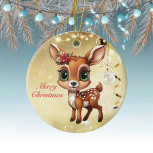 Baby Deer, Fawn, Doe 🦌 🎄Gold Merry Christmas Ceramic Ornament