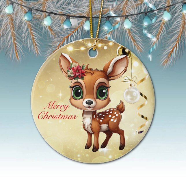 Baby Deer, Fawn, Doe 🦌 🎄Gold Merry Christmas Ceramic Ornament (Baby Deer, Fawn, Doe 🦌Poinsettia ForestBabies Merry Christmas 🎄Gold Round Ceramic Ornamen)