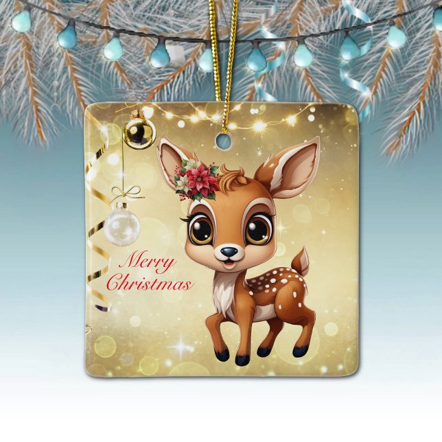 Baby Deer, Fawn, Doe 🦌 🎄Gold Merry Christmas Ceramic Ornament (Baby Deer, Floral Fawn, Doe Poinsettia Customizable Merry Christmas Gold Square Ceramic Ornament🦌🎄)