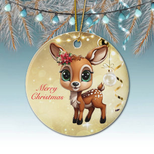 Baby Deer, Fawn, Doe 🦌 🎄Gold Merry Christmas Ceramic Ornament