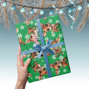 Baby Deer, Fawn, Doe, Reindeer 🦌🎄Green Snowflake Wrapping Paper