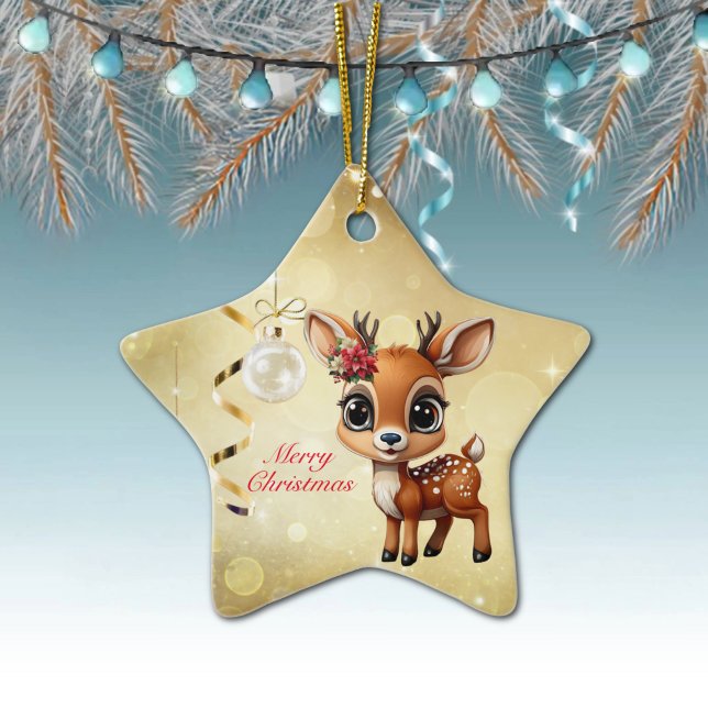 Baby Deer, Fawn, Doe, Reindeer🦌 🎄Merry Christmas Ceramic Ornament (Custom Reindeer Decor Xmas Fawn Fun Holiday Doe Animal Merry Christmas 
Gold Star Ornament 🦌🎄 )