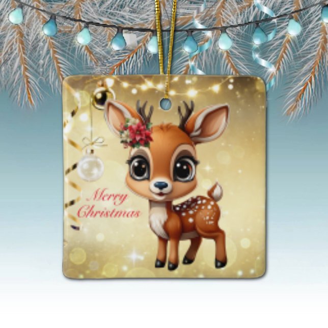 Baby Deer, Fawn, Doe, Reindeer🦌 🎄Merry Christmas Ceramic Ornament (Reindeer Floral Fawn Doe Poinsettia Customizable Merry Christmas White Square Ceramic Ornament 🦌🎄)