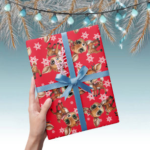Baby Deer, Fawn, Doe, Reindeer🦌🎄Red, Snowflake Wrapping Paper