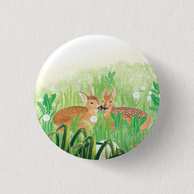 Baby Deer - Fawns in Tall Grass Illustration  Button (Front)