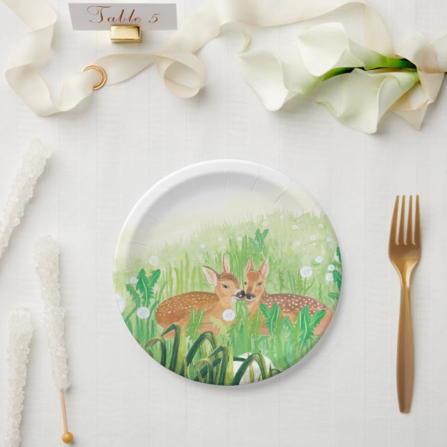 Baby Deer - Fawns in Tall Grass Illustration  Paper Plates (Wedding)