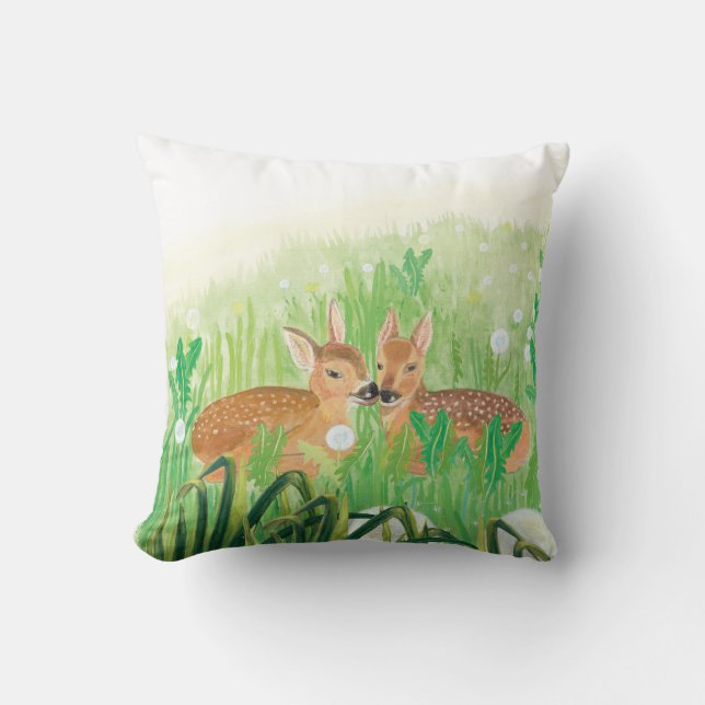Baby Deer - Fawns in Tall Grass Illustration  Throw Pillow (Front)