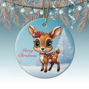 Baby Deer, Floral Fawn, Doe Lover 🦌 🎄 Blue, Snow Ceramic Ornament