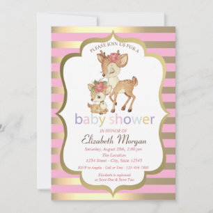 Baby Deer Flower Gold Stripe Baby Shower Invitation