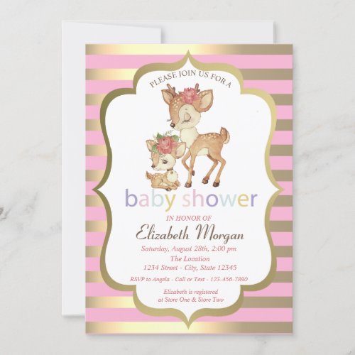 Baby Deer Flower Gold Stripe Baby Shower  Invitation
