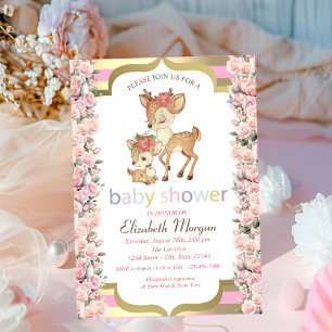 Baby Deer Flower Gold Stripe Roses Baby Shower Invitation