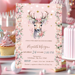 Baby Deer Flowers Holly Berry Stars Baby Shower Invitation