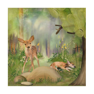 Baby Deer Forest Scene Wood Wall Art
