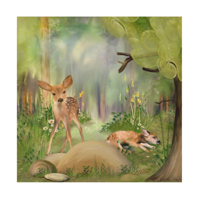 Baby Deer Forest Scene Wood Wall Art (Front)