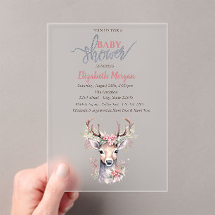 Baby Deer Holly Berry Forest Snow Baby Shower Acrylic Invitations