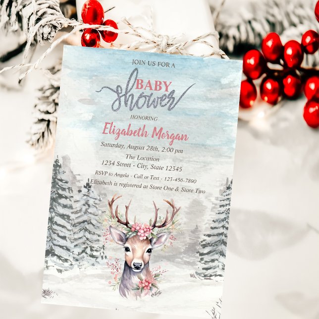 Baby Deer Holly Berry Forest Snow Baby Shower   Invitation (Creator Uploaded)