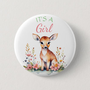 Baby Deer in Flowers It's a Girl Baby Shower Button