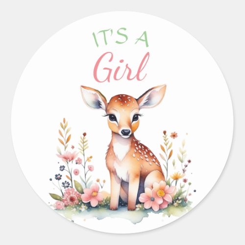 Baby Deer in Flowers  Its a Girl Baby Shower Classic Round Sticker