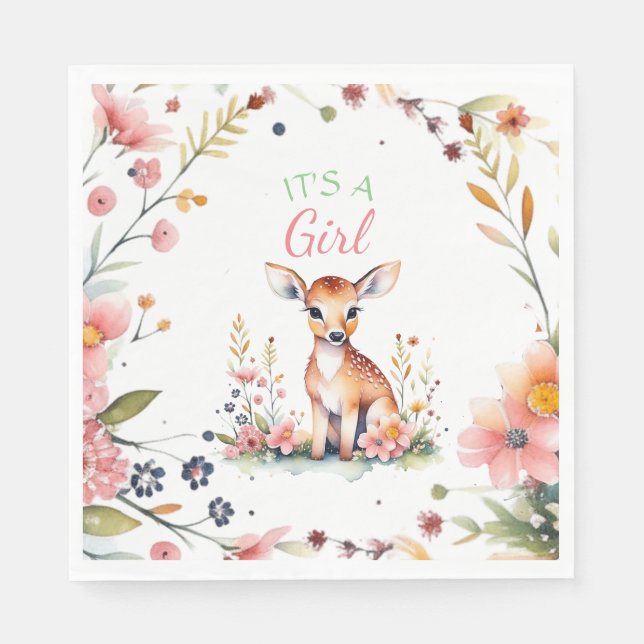 Baby Deer in Flowers | It's a Girl Baby Shower Napkins (Front)