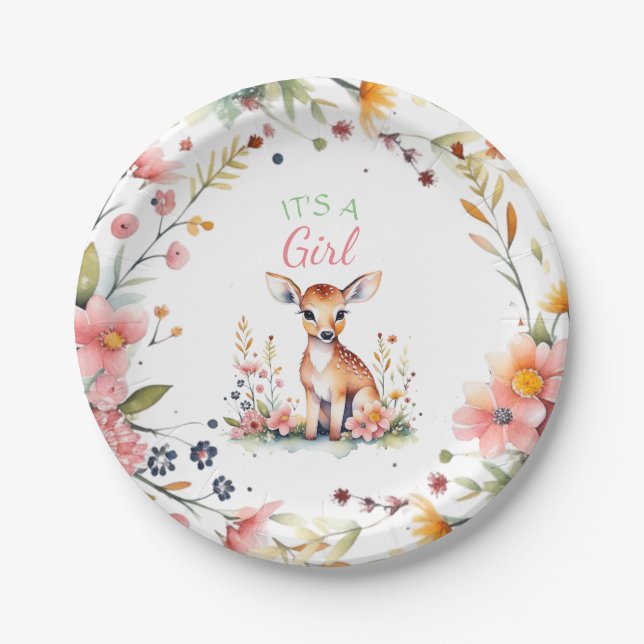 Baby Deer in Flowers | It's a Girl Baby Shower Paper Plates (Front)