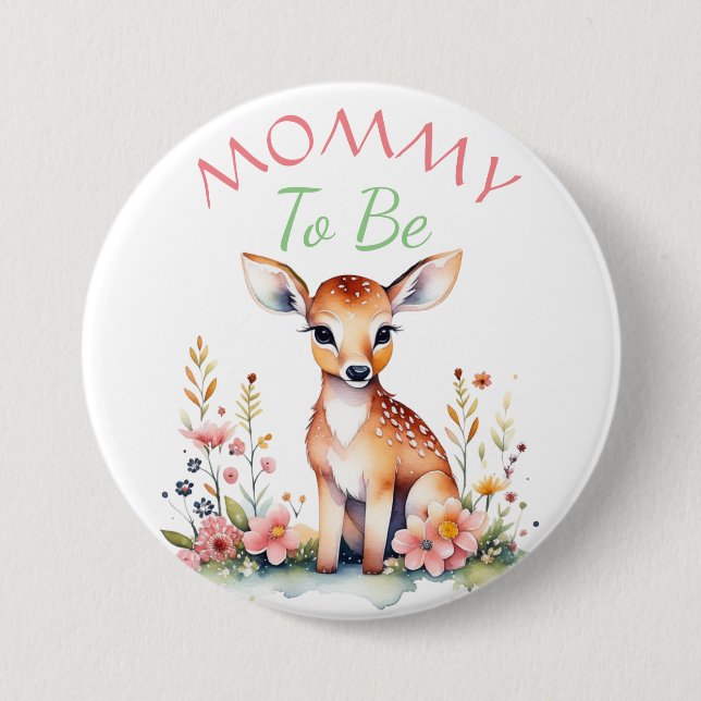 Baby Deer in Flowers | Mom to Be Baby Shower Button (Front)