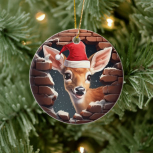 Baby Deer in Santa Hat Ceramic Ornament
