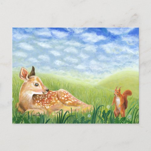 Baby Deer in the Grass Illustration  Holiday Postcard