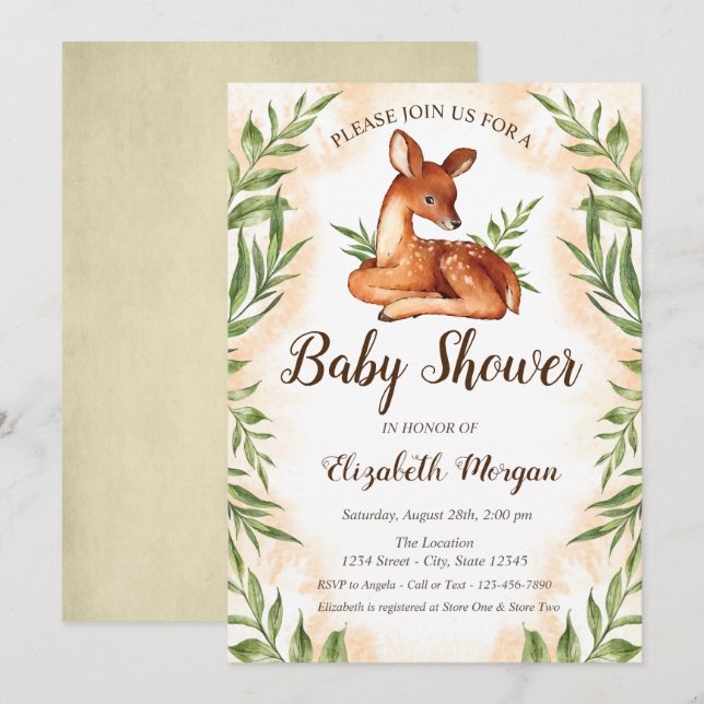 Baby Deer Leaves Baby Shower Invitation (Front/Back)