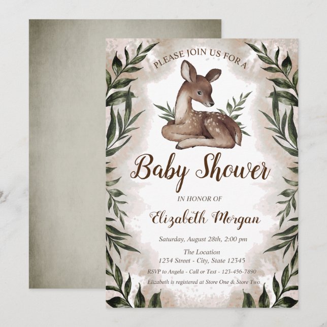 Baby Deer Leaves Forest Baby Shower Invitation (Front/Back)