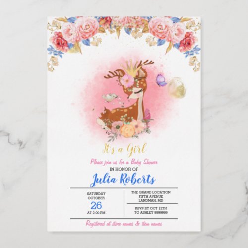 Baby Deer Pink Floral Woodland Girl Baby Shower Foil Invitation