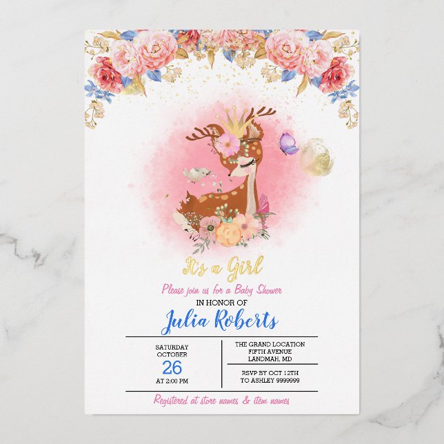 Baby Deer Pink Floral Woodland Girl Baby Shower Foil Invitation (Front)
