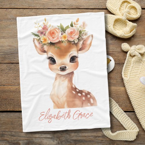 Baby Deer Pink Flowers on Head Baby Girl Gift Fleece Blanket