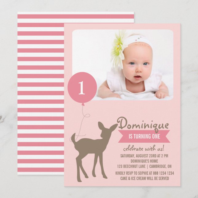 Baby Deer | Pink Photo Kids Birthday Invitation (Front/Back)