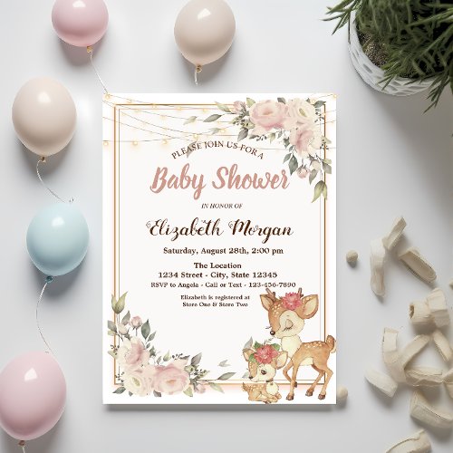 Baby Deer String LightsFloral Baby Shower  Invitation