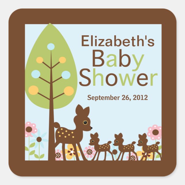 Baby Deer Triplets Multiple Baby Shower Invitation Square Sticker (Front)