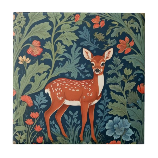 Baby Deer William Morris style Right Facing Fawn Ceramic Tile (Front)