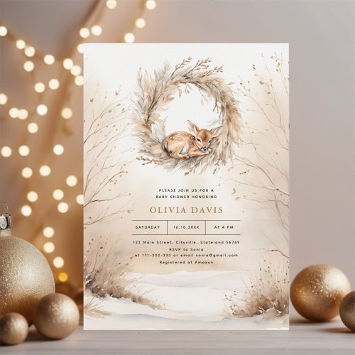 Baby Deer Winter Beige Baby Shower Invitation