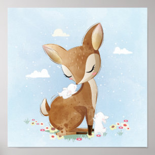 Baby deer with a baby bunnies poster