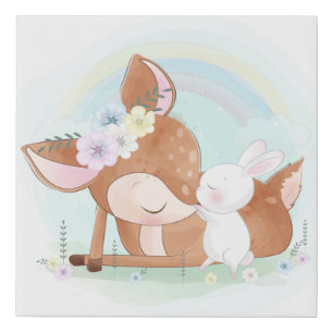 Baby deer with a baby bunny faux canvas print