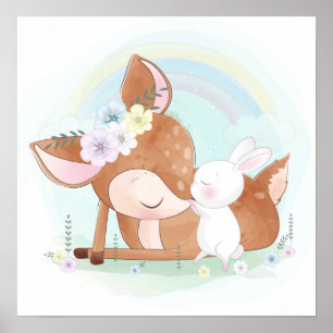 Baby deer with a baby bunny  poster
